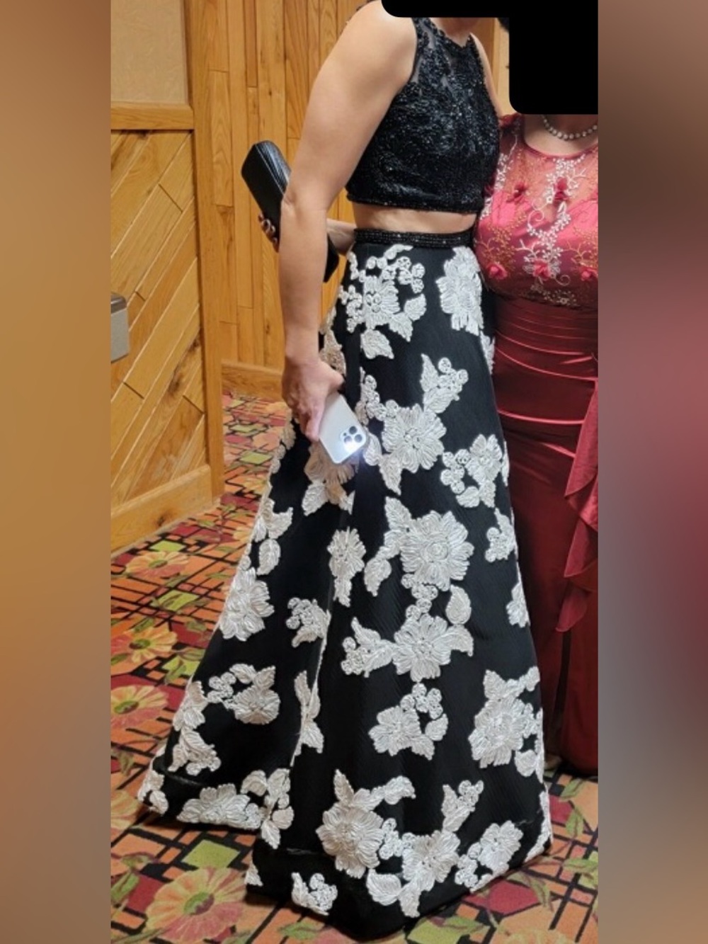 Jovani Black Two-Piece Evening Gown with White Floral Appliqué